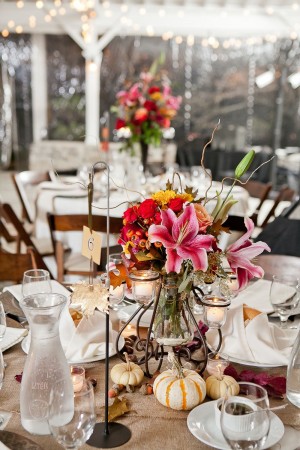 Reception Table With Orchids and Pumpkins