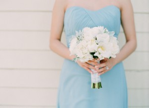 Strapless Blue Bridesmaids Dress With White Rose Bouquet