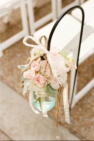 Wedding Chair Flowers in Mason Jar With Twine and Lace
