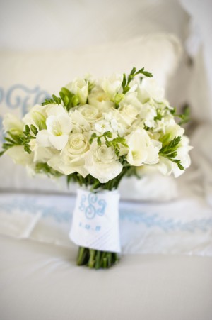White Wedding Bouquet With Monogrammed Handkerchief