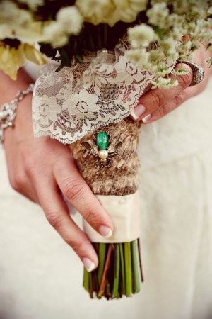 Bouquet Wrap With Jewel Pin Burlap and Lace