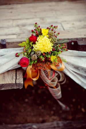 Fall Bouquet Detail Tied With Orange Ribbon and Lace Sash
