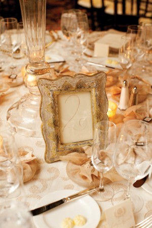 Gold Calligraphy Table Number in Vintage Frame