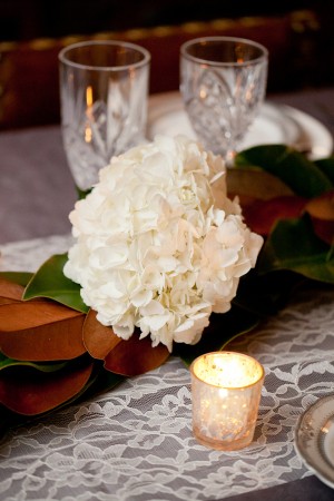 Magnolia Leaves and Hydrangea on Lace Table Runner 1