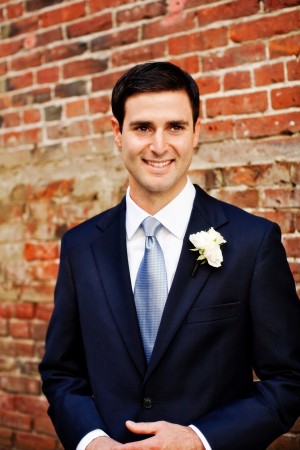 Navy Blue Grooms Suit With Light Blue Tie