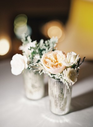 Pale Peach and White Flowers in Mercury Glass Vases