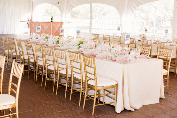 Pink Rectangular Reception Tables With Gold Bamboo Chairs