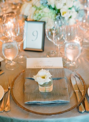 Reception Place Setting With Blue Gray Silk Linens