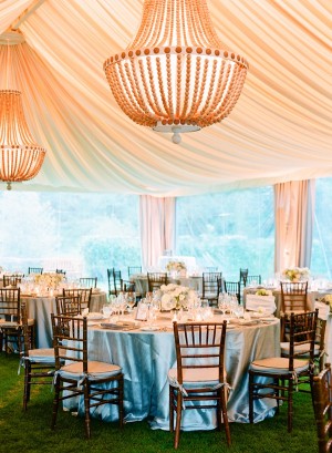Reception Tent With Intricate Beaded Chandeliers