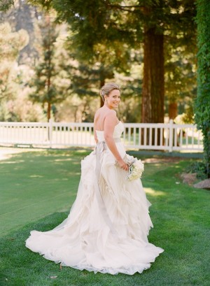 Strapless Wedding Gown With Ruffle Skirt and Champagne Ribbon Waist 1
