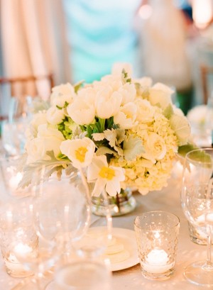 White Flowers in Silver Bowl Reception Arrangement