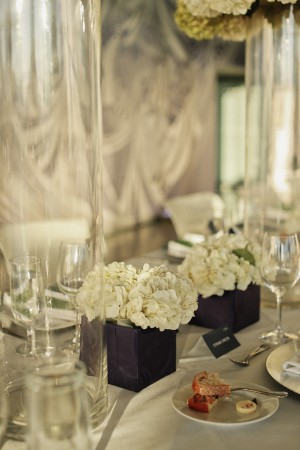White Hydrangeas in Paper Wrapped Square Vases