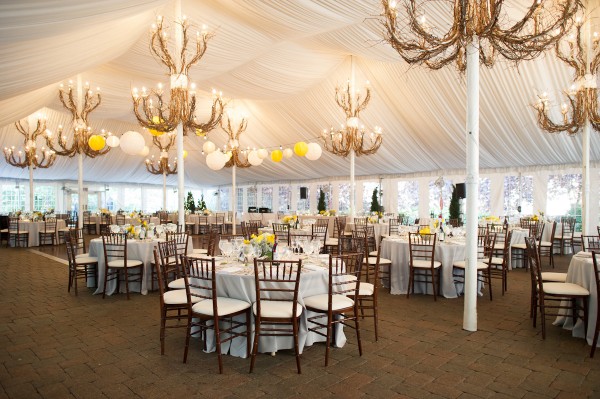 White Reception Tent With Branch Chandeliers