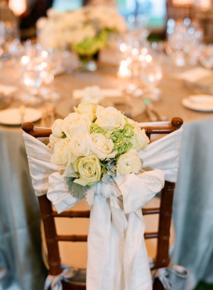 White Silk Reception Chair Tie With Ivory and White Flowers