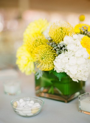 Yellow and White Reception Centerpiece in Square Glass Vase