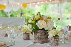 Yellow and White Spring Reception Arrangements in Birch Containers 2