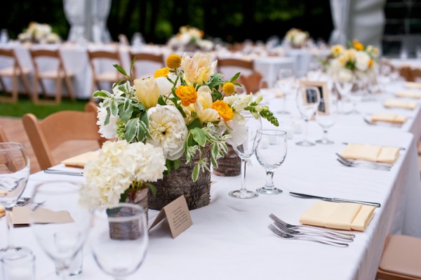 Yellow and White Spring Reception Arrangements in Birch Containers