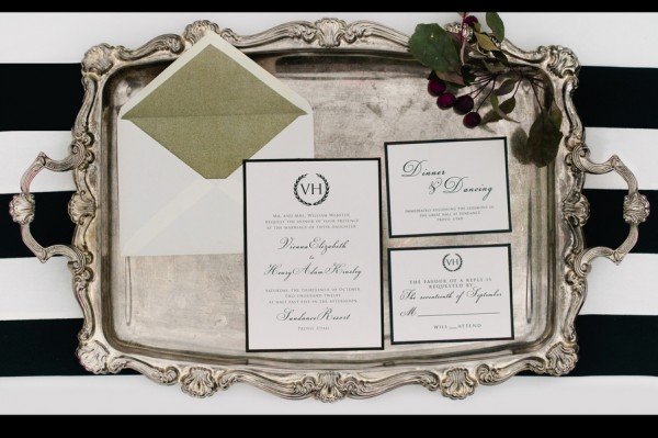 Black and White Wedding Invitation on Silver Tray