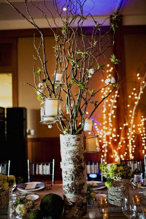 Branches With Hanging Candles in Birch Container