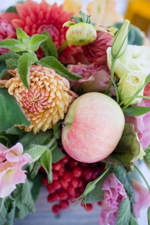 Centerpiece With Dahlias Tulips Berries and Apples