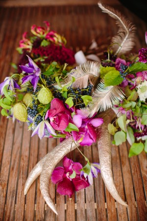 Fuchsia and Green Bouquet With Antlers and Feathers 1