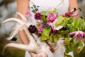 Fuchsia and Green Bouquet With Antlers and Feathers