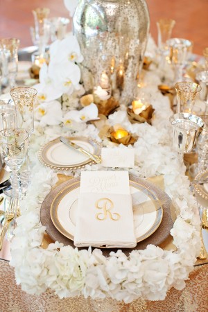 Gold Mercury Glass and White Hydrangea Reception Table Setting