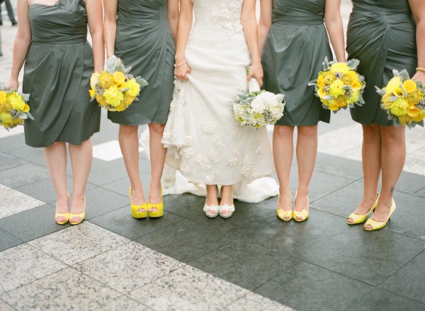 Gray Bridesmaids Dresses Yellow Shoes