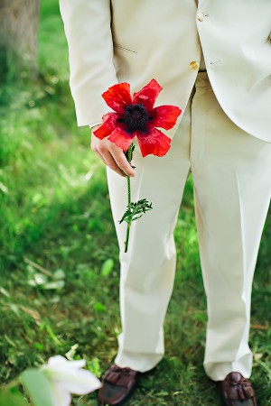 Groom in Cream Suit Holding Red Poppy1