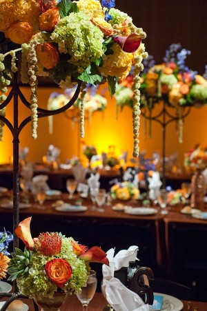 Orange Green and Gold Reception Floral Decor