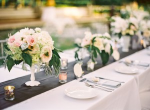 Peach Pink and Green Reception Arrangements in White Vases