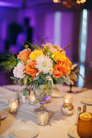 Peach Pink and Yellow Reception Arrangement