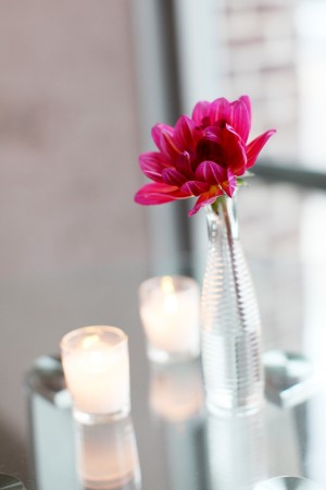 Pink Flower in Ribbed Glass Vase
