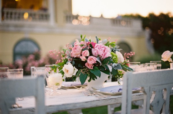 Pink and White Reception Table Arrangement in White Container