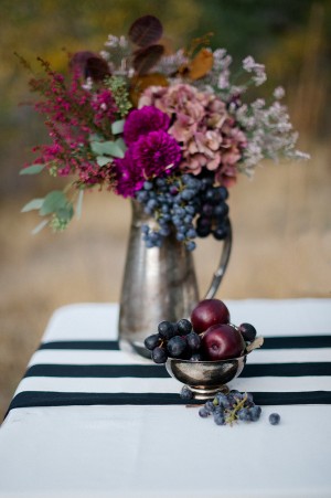 Purple Flowers and Berries on Black and White Striped Runner