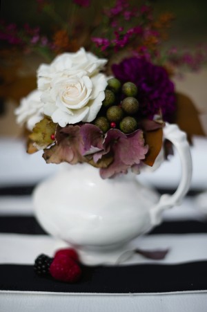 Purple and White Flowers in Mini White Pitcher