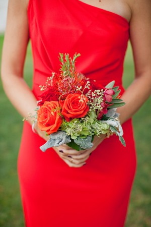 Red Bridesmaids Dress and Fall Bouquet