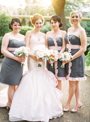 Short Strapless Gray and Pale Pink Bridesmaids Dresses