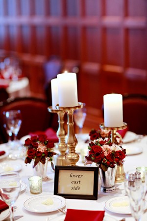 Silver Candlesticks and Roses in Mint Julep Cups on Reception Table
