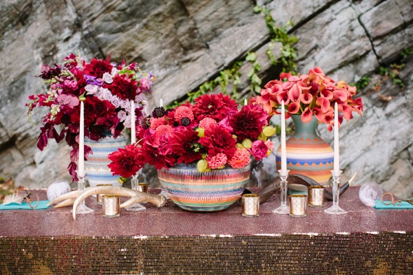 Southwestern Inspired Table Decor on Metallic Tablecloth 1