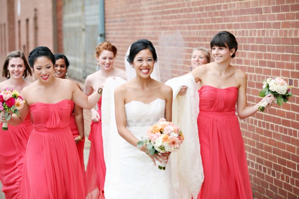 Watermelon Colored Strapless Bridesmaids Dresses