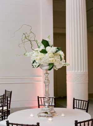 Green and White Arrangement in Tall Silver Vase