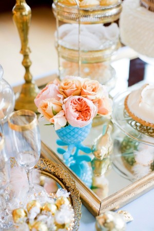 Peach Flowers in Turquoise Vase With Gold Accents
