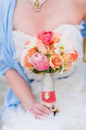 Peach Pink and Cream Bouquet With Cameo Pin