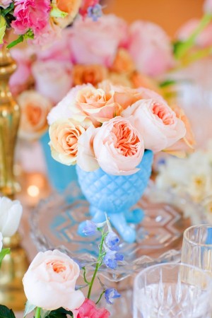 Peach Roses in Turquoise Milk Glass Vase