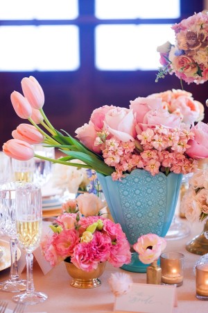 Pink Flowers in Turquoise and Gold Vases