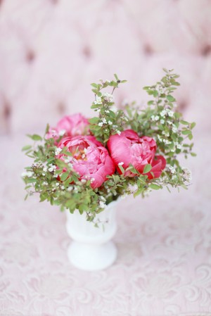 Pink Ranunculus and Greenery in White Vase