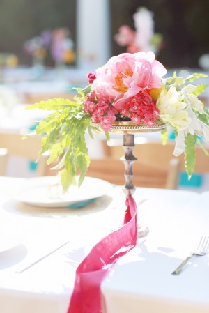 Pink and Green Reception Arrangement on Silver Stand