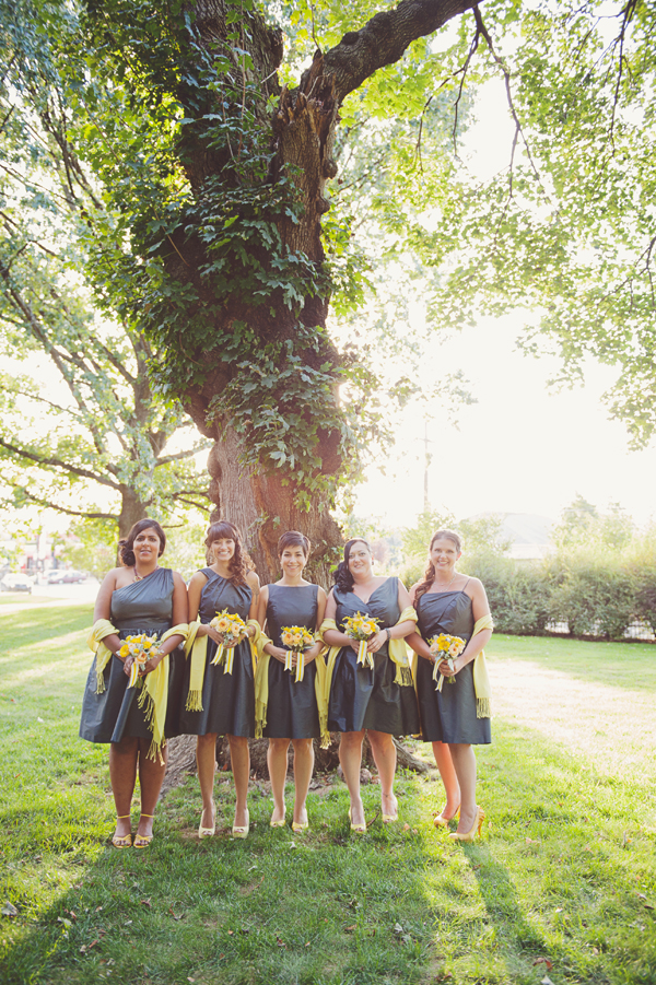 Short Dark Gray Bridesmaids Dresses With Yellow Wraps