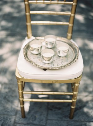 Silver Tray on Gold Bamboo Ladder Back Chair